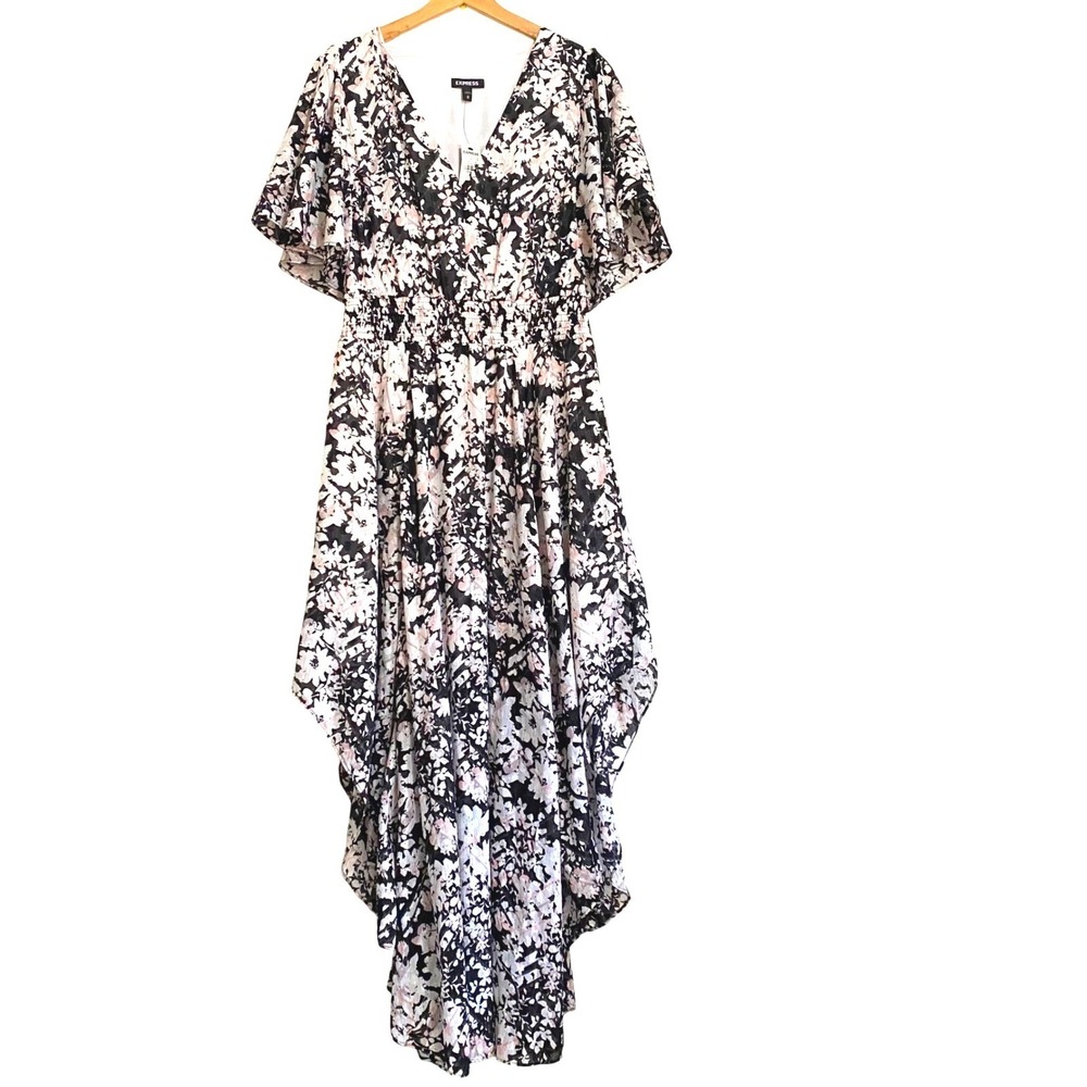 New Express Floral Smocked Waist Handkerchief Hem Maxi Dress Black Metallic Med